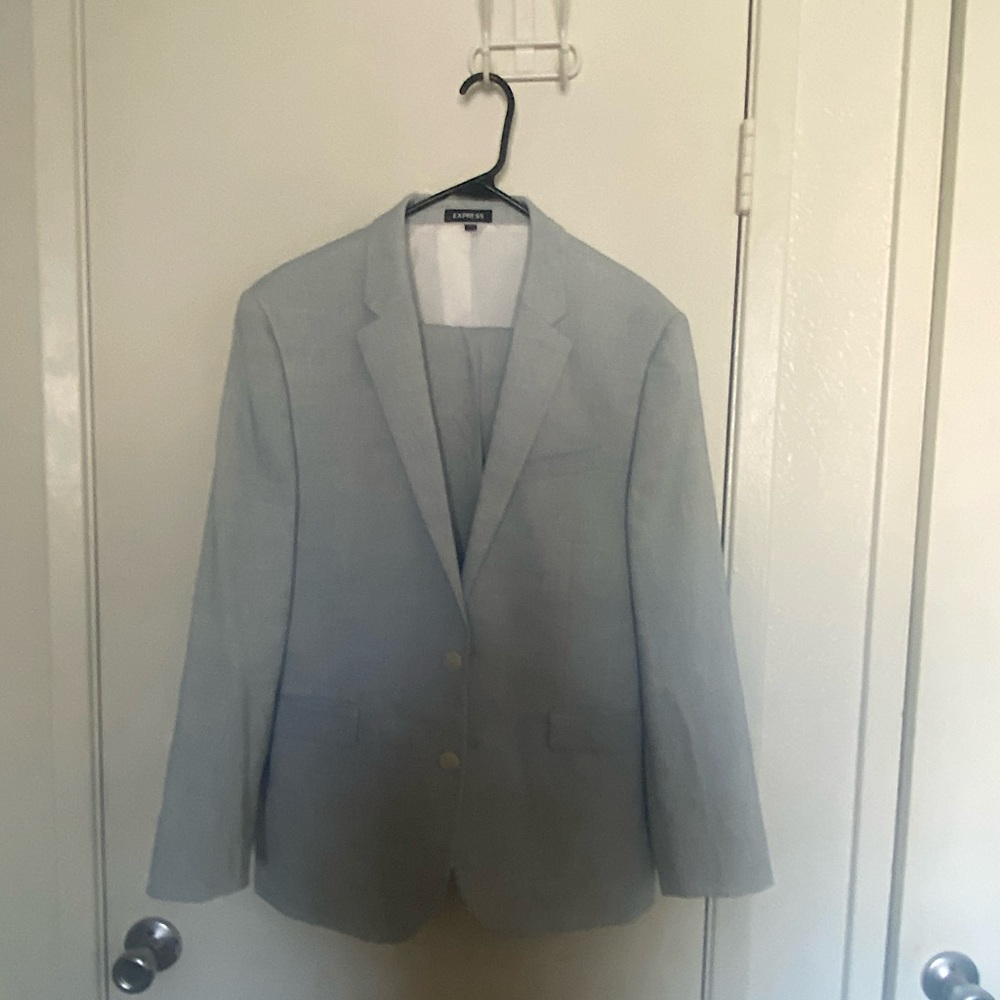 Express Mens Blue Linen Full Suit
